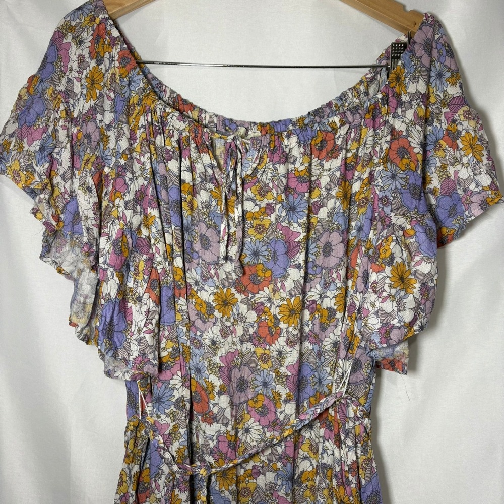 Cynthia Rowley Floral Off Shoulder Mini Dress XL Purple Orange Boho Tassel Belt - Picture 8 of 12